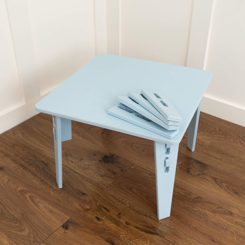 blue tea party table with adjustable legs