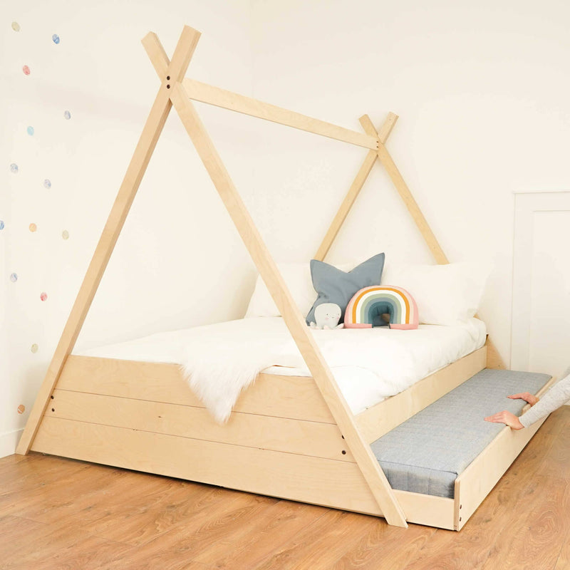 double teepee bed with a mattress in a pull out drawer