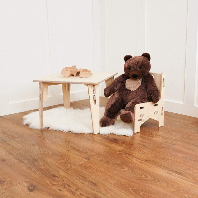 eco single tea party set staged with a teddy bear