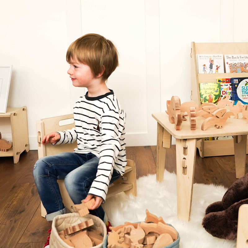 boy playing with his wooden sea animals