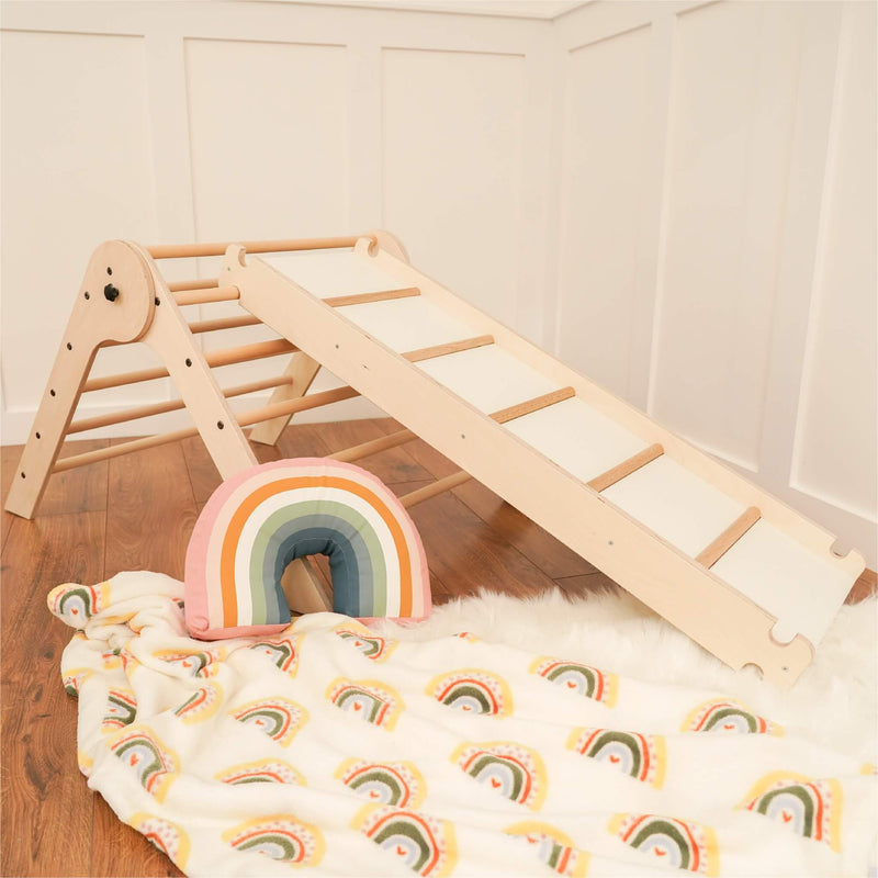 eco ramp and pikler with blanket and cushion