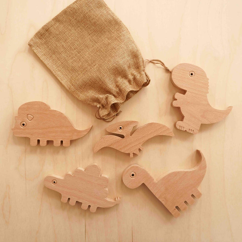 wooden dino animals collection with pouch