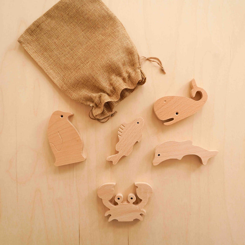 wooden sea animals collection with pouch.