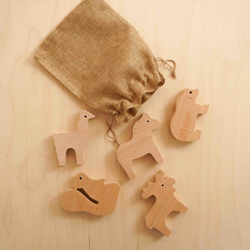 wooden woodland animals collection with pouch